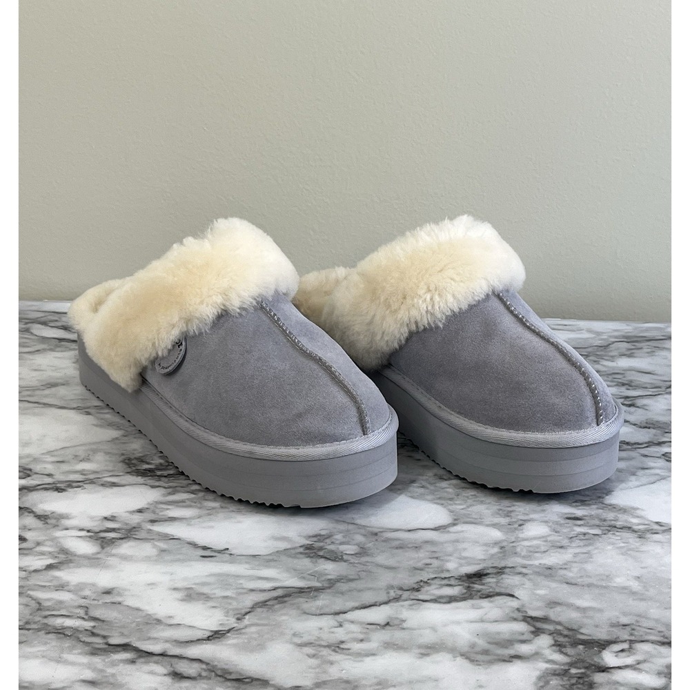 Women's Fireside by Melton Genuine Shearling Platform Scuff Slipper Sleet Sz 8
